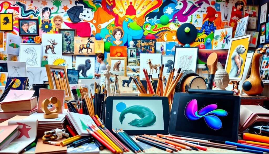 A vibrant and diverse array of creative projects, including sketches, paintings, sculptures, and digital art, fills the foreground. In the middle ground, various art and design tools are showcased, such as [Live.Learn.Create] sketchbooks, [Live.Learn.Create] paint brushes, and [Live.Learn.Create] digital drawing tablets (https://www.amazon.com/live-learn-create-drawing-tablet/dp/B09DYGRTMJ). The background features a dynamic, colorful backdrop, suggesting a bustling art studio or creative workspace. The overall scene conveys a sense of inspiration, innovation, and the boundless potential of artistic expression.