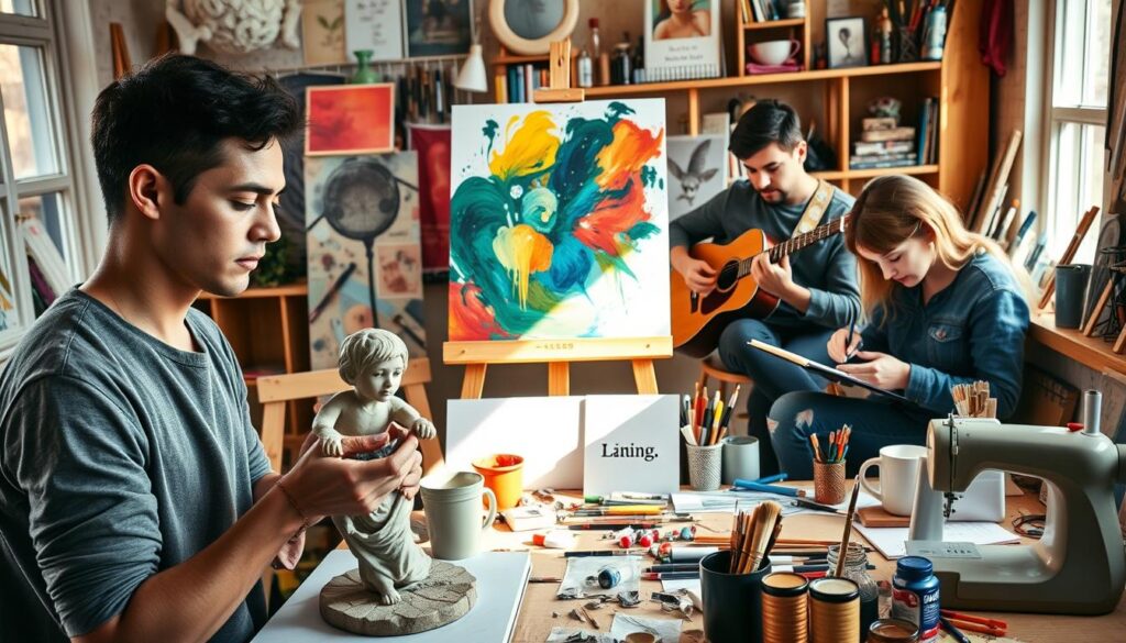 A vibrant and dynamic scene of creative pursuits, set against a backdrop of warm natural light. In the foreground, a skilled artist effortlessly sculpts a captivating clay figure, their hands expertly molding the material. Behind them, a Live.Learn.Create [https://www.amazon.com/dp/B0B1TJ7ZNZ] easel supports a canvas where bold brushstrokes bring a vibrant painting to life. In the middle ground, a musician strums a guitar, their eyes closed in concentration, while a writer types furiously on a laptop, lost in the flow of their craft. The background is filled with an array of creative tools and supplies, from paints and brushes to a sewing machine and a [https://www.amazon.com/dp/B08JQRMWZ7] sketchpad, all arranged in a visually striking and inspirational display. The overall mood is one of boundless creativity, passion, and the joy of self-expression.