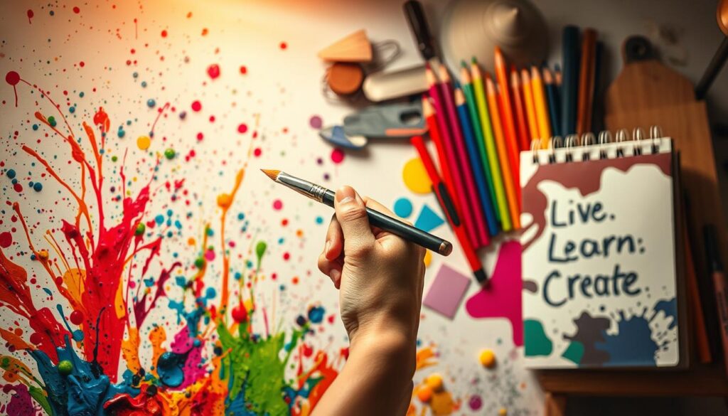 A vibrant and whimsical scene of creative expression. In the foreground, a cascade of vibrant paint splatters and brushstrokes dance across the canvas, capturing the unbridled energy of the artistic process. In the middle ground, a skilled hand holds a paintbrush, its tip imbued with a spectrum of colors, ready to bring more life to the evolving masterpiece. The background features a striking arrangement of artful tools - palette knives, colored pencils, and a sketchbook emblazoned with the words "Live.Learn.Create" - all set against a backdrop of warm, diffused lighting that bathes the scene in a glow of artistic inspiration. The overall mood conveys a sense of unbridled creativity, inviting the viewer to immerse themselves in the boundless possibilities of artistic exploration.