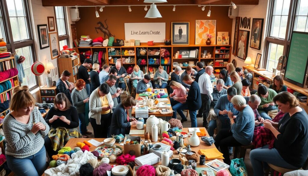 A vibrant, bustling crafting community gathered in a cozy, well-lit studio. In the foreground, groups of people intently focused on their various projects - [knitting](https://www.amazon.com/dp/B09VJ6KQKD), [pottery](https://www.amazon.com/dp/B09RTFKPJL), [embroidery](https://www.amazon.com/dp/B09DY7HDHH), and more. In the middle ground, tables brimming with colorful yarns, fabrics, and tools, while shelves display the finished work of the "Live.Learn.Create" community. The background features large windows flooding the space with natural light, and inspirational artwork adorns the walls. An atmosphere of collaboration, learning, and shared passion permeates the scene.