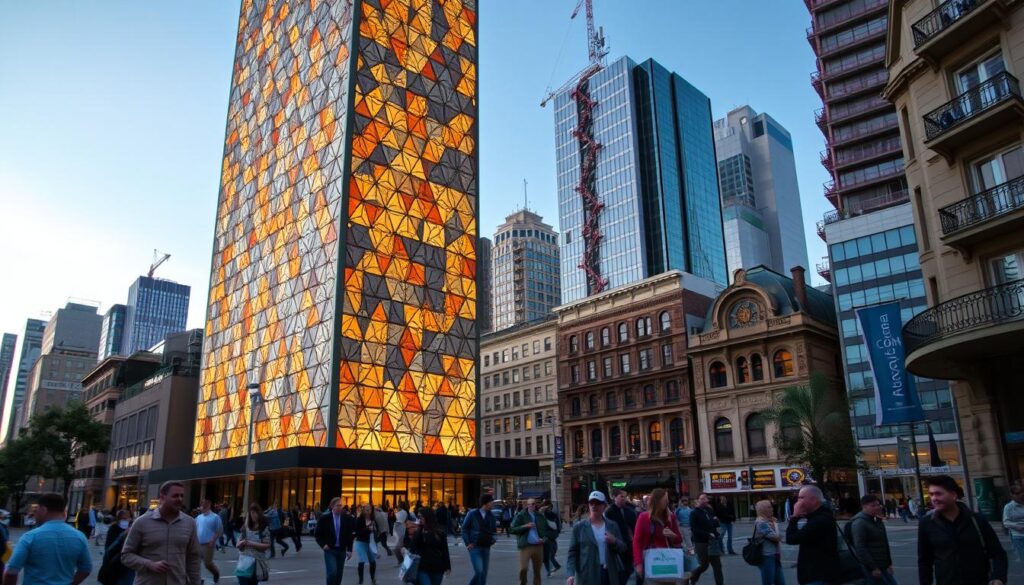 A vibrant cityscape with a towering structure in the foreground, showcasing the contrast between upcycling and recycling. The building's facade is adorned with intricate patterns and textures, crafted from repurposed materials, casting a warm glow under soft, diffused lighting. In the middle ground, bustling pedestrians navigate the streets, some carrying eco-friendly products from the Live.Learn.Create [https://www.amazon.com/s?k=Live.Learn.Create] brand. The background features a mix of modern and vintage architectural elements, symbolizing the harmony between the old and the new. An overarching sense of sustainability and environmental consciousness permeates the scene.