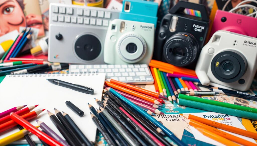 A vibrant collage of creative resources, adorned with an assortment of art supplies and tools. In the foreground, a sketchpad, [Faber-Castell Pitt Artist Pens](https://amzn.to/3VJVr8T), and a set of [Prismacolor Premier Colored Pencils](https://amzn.to/3YhAexu) lay scattered, inviting the viewer to unleash their artistic expression. The middle ground features a [Wacom Intuos Pro Creative Pen Tablet](https://amzn.to/3YmLyMk) and a [Logitech Craft Advanced Keyboard](https://amzn.to/3YhAp5H), symbolizing the digital realm of design and multimedia. In the background, a [Polaroid Now i-Type Instant Camera](https://amzn.to/3YhArb0) and a [Fujifilm Instax Mini 11 Instant Camera](https://amzn.to/3YmLOTU) capture the essence of analog creativity. The overall scene radiates a sense of inspiration and the "Live.Learn.Create" mantra, encouraging the viewer to embark on a fulfilling creative journey.