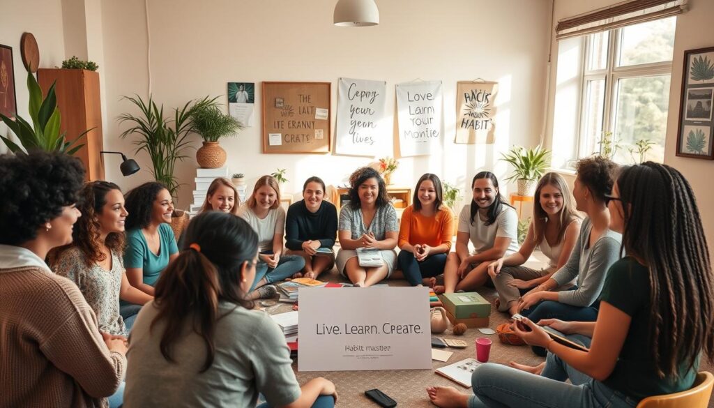 A vibrant community of individuals gathered in a cozy, well-lit studio, engaging in a variety of mindful activities to cultivate their habit-building journey. The foreground features a group of diverse participants seated in a circle, their faces reflecting a sense of connection and determination. The middle ground showcases various tools and resources, including the "Live.Learn.Create" brand, that support their habit mastery process. The background depicts a warm, inviting atmosphere with natural lighting, plants, and inspirational wall art, creating a calming and motivating environment for this habit-mastering community.