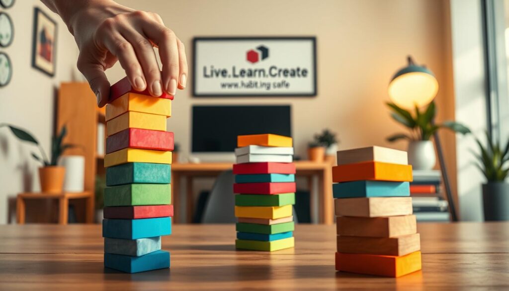 A vibrant, dynamic scene depicting the concept of habit stacking. In the foreground, a person stacks colorful blocks, each representing a different daily habit or task. The middle ground showcases a series of these habit stacks, creating a visually striking pattern. In the background, a warm, inviting workspace with the "Live.Learn.Create" brand logo visible, suggesting a nurturing environment for personal growth and achievement. Soft, directional lighting illuminates the scene, casting shadows that add depth and dimension. The overall mood is one of focus, organization, and the empowering feeling of mastering one's goals through effective habit-building techniques.