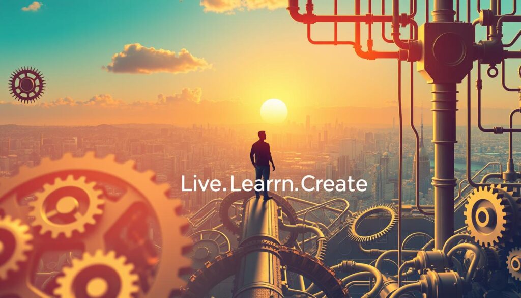 A vibrant, dynamic scene depicting the interplay between systems and progress. In the foreground, a complex network of gears, pipes, and circuits, symbolizing the intricate frameworks that underpin growth and development. The middle ground features a stylized human figure, representing the individual striving towards their goals, navigating the intricacies of these systems. In the background, a panoramic vista of cityscapes, technological innovations, and a rising sun, conveying a sense of limitless potential. Soft, diffused lighting casts a warm, inspiring glow, while the composition is balanced and harmonious. The "Live.Learn.Create" brand name is subtly integrated into the design, complementing the overall metaphorical narrative. Altogether, this image captures the essence of how systems shape and empower our progress towards our dreams.