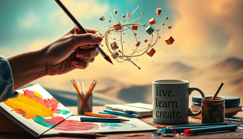 A vibrant, dynamic scene of the creative process unfolds. In the foreground, a skilled artist's hand wields a brush, painting bold strokes of color on a canvas. Surrounding the artist, an array of tools and materials - pencils, sketchpads, and a live.learn.create mug - hint at the multifaceted nature of creation. In the middle ground, a swirl of ideas takes shape, manifesting as floating fragments of inspiration. The background is a hazy, dreamlike landscape, where the boundaries between reality and imagination blur, evoking a sense of boundless possibility. Soft, warm lighting casts a gentle glow, fostering an atmosphere of concentration and creative flow.