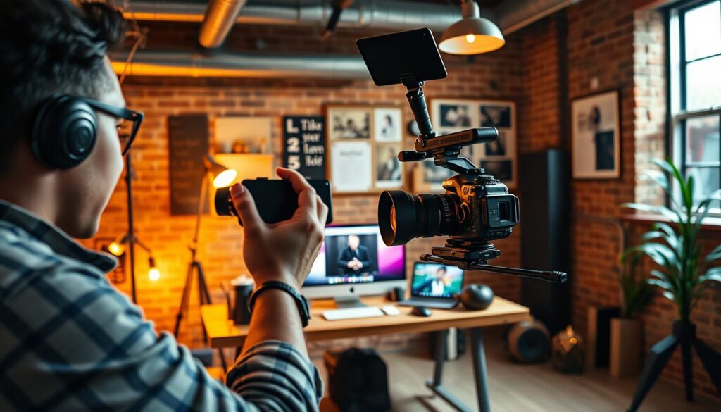 A vibrant, dynamic scene showcasing "creative expression" for a videography business. In the foreground, a person passionately crafting a cinematic shot with a high-end DSLR camera [https://amzn.to/3Zc1gYo]. The middle ground features a Live.Learn.Create workstation with an iMac [https://amzn.to/3YJXDtl], a sleek gimbal [https://amzn.to/3Zc0xqA], and an array of video editing tools. The background has a cozy, loft-style studio setting with warm lighting, exposed brick walls, and a inspirational mood board. The overall atmosphere conveys a sense of creativity, innovation, and a dedication to the art of videography.