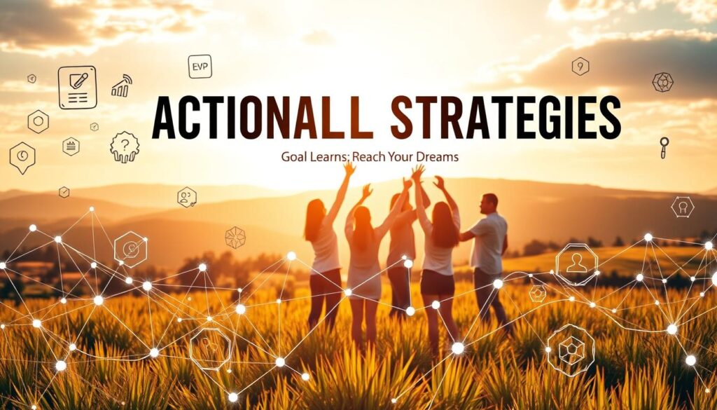 A vibrant, energetic scene depicting "Actionable Strategies" in the context of "Goal Setting Made Easy: Reach Your Dreams." In the foreground, a dynamic collection of geometric shapes and lines represent the various steps and components of a strategic plan, each with a distinct purpose and interconnectivity. The middle ground features a group of people, hands raised in a collaborative effort, working together to transform their ambitions into reality. In the background, a warm, inspirational landscape with the "Live.Learn.Create" branding serves as a backdrop, conveying a sense of growth, progress, and the pursuit of dreams. Lighting is natural and inviting, with a focus on creating depth, texture, and a sense of movement throughout the composition.
