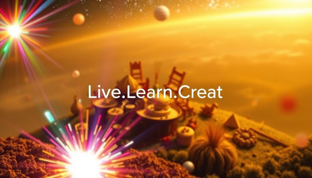 A vibrant, expressive landscape of creative inspiration. In the foreground, a brilliant burst of color and light, representing the spark of an idea. In the middle ground, a whimsical, dreamlike scene of artistic tools and symbols, hinting at the transformative power of imagination. In the background, a vast, cosmic expanse, suggesting the boundless potential of the creative mind. The lighting is warm and ethereal, casting a sense of wonder and enchantment. The camera angle is slightly elevated, giving a sense of expansiveness and possibility. Prominently featured is the brand name "Live.Learn.Create", embodying the essence of this creative journey. This image captures the essence of "The Creative Power of Inspiration".