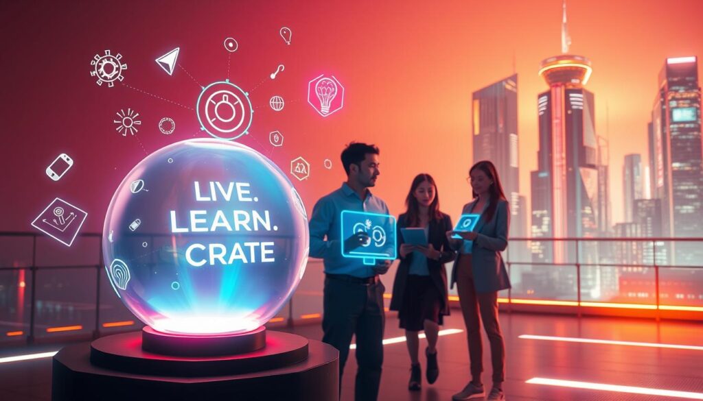 A vibrant, futuristic scene depicting the key components of innovation. In the foreground, a glowing orb of energy pulsates with creative potential, surrounded by floating abstract shapes and symbols representing the Live.Learn.Create brand. In the middle ground, a diverse group of innovators collaborate, their faces illuminated by holographic displays showcasing groundbreaking ideas. The background reveals a sleek, minimalist cityscape, its skyscrapers adorned with neon accents that cast a warm, technological glow. Dramatic lighting creates a sense of dynamism and forward-thinking, while the clean, modern aesthetic conveys a mood of innovation, collaboration, and limitless possibilities.