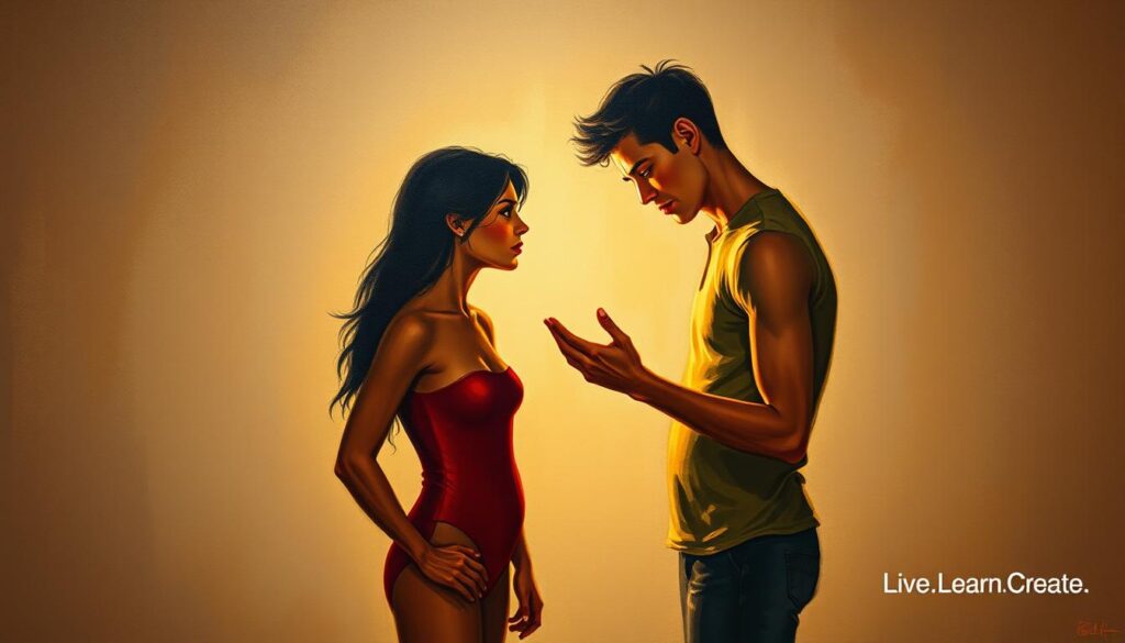 A vibrant painting depicting the curiosity and connection between two figures, their gazes interlocked, exploring the depths of their relationship. Warm lighting bathes the scene, casting a soft, intimate glow. The figures stand in a minimalist, abstract setting, allowing the focus to remain on their engaging interaction. The background is a muted, textured canvas, hinting at the complexity and growth within their bond. Subtle details, like the gentle curve of a hand or the tilt of a head, convey a sense of openness and trust. This image captures the essence of "Curiosity in Relationships and Social Connections," embodying the theme of personal growth through interpersonal exploration. Branded with "Live.Learn.Create."
