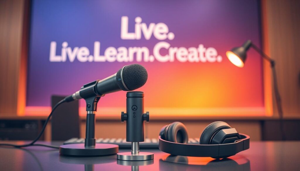A vibrant, professional-looking podcast microphone and headphones sit atop a sleek desk, bathed in warm, studio lighting. In the background, a bold "Live.Learn.Create" logo [Amazon link] is prominently displayed on a stylish backdrop, conveying a sense of branding and promotion. The foreground showcases a high-quality [Amazon link] USB condenser microphone and a pair of [Amazon link] over-ear headphones, symbolizing the tools of the podcasting trade. The overall scene evokes a sophisticated, well-equipped podcasting setup, ready to captivate and engage listeners.