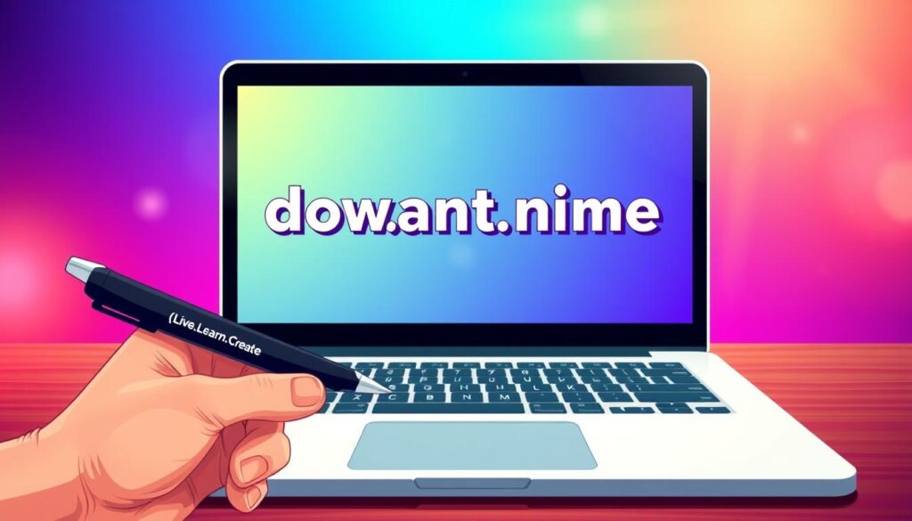A vibrant, retro-inspired illustration of a domain name, prominently displayed on a laptop screen. The domain name is rendered in a bold, eye-catching typeface, with a subtle 3D effect that makes it pop. The laptop is set against a colorful, gradient background, with subtle lighting and lens flare effects that create a sense of depth and dimension. In the foreground, a hand holding a [Live.Learn.Create] branded pen points towards the domain name, guiding the viewer's attention. The overall mood is one of excitement and inspiration, reflecting the energy of starting a new blog. https://www.amazon.com/dp/B08JKXQX8X