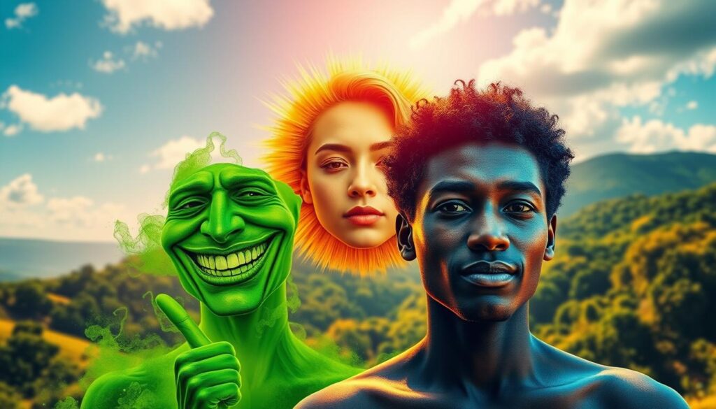 A vibrant scene depicting the contrast between toxic positivity and authentic optimism. In the foreground, a figure exuding forced, inauthentic cheerfulness, surrounded by a sickly green hue and distorted features. In the middle ground, another figure radiates genuine, warm optimism, their face calm and serene, bathed in a soft, golden light. The background showcases a lush, verdant landscape, symbolizing the natural harmony of authentic positivity. The overall composition evokes a thought-provoking juxtaposition, inviting the viewer to reflect on the importance of cultivating a truly positive mindset. Produced by the AI art platform Live.Learn.Create.