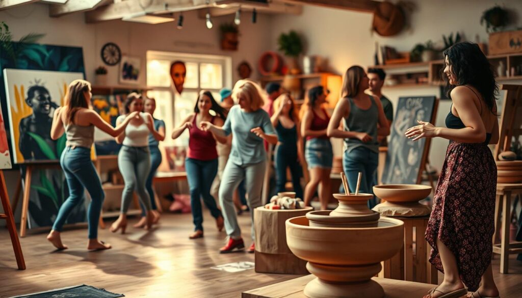 A vibrant scene of expressive activities unfolds, showcasing the boundless creativity of the human spirit. In the foreground, a group of individuals engages in a lively dance, their bodies moving in fluid, rhythmic motions. The middle ground features an array of artistic mediums, from a canvas with bold brushstrokes to a potter's wheel spinning with clay. In the background, a cozy studio space is illuminated by warm, natural lighting, inviting exploration and inspiration. The overall atmosphere exudes a sense of joy, energy, and the thrill of self-discovery. This captivating image embodies the spirit of "Live.Learn.Create" - a journey of unleashing one's creativity and finding a passion that ignites the soul. Prompt
