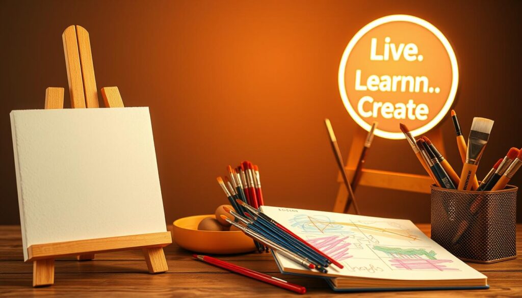 A vibrant still life composed of a [wooden easel](https://www.amazon.com/Portable-Adjustable-Painting-Sketching-Drawing/dp/B075ZXT8T3/) displaying a canvas, a [set of artist brushes](https://www.amazon.com/BOSOBO-Paint-Brush-Set-Acrylic/dp/B077X4RVNX/), and a [sketchpad](https://www.amazon.com/Canson-Artist-Series-Recycled-Sketchbook/dp/B00006IFBI/) with vibrant sketches. A [Live.Learn.Create] logo shines softly in the background. The scene is bathed in warm, diffused lighting, conveying a sense of creative energy and inspiration. The overall mood is one of possibility, with the tools of the trade ready to bring ideas to life.