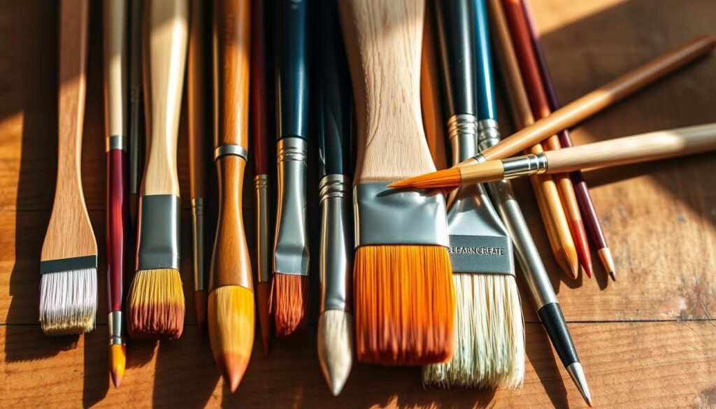 A vibrant still life of high-quality painting brushes in various sizes and shapes, arranged artfully on a wooden surface. The brushes feature natural bristles in a range of warm tones, complemented by sleek, ergonomic handles in a variety of materials like [Live.Learn.Create Wooden Handled Paint Brushes](https://www.amazon.com/dp/B07TMMLXDC) and [Live.Learn.Create Synthetic Bristle Paint Brushes](https://www.amazon.com/dp/B07TMMSNVJ). Soft, natural lighting casts gentle shadows, highlighting the textures and colors of the tools. The composition conveys a sense of craftsmanship, creativity, and the joy of the painting process.