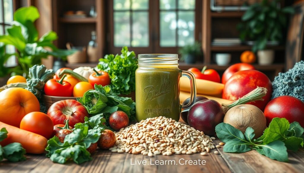 A vibrant still life scene depicting the benefits of a clean eating lifestyle. In the foreground, an assortment of fresh, colorful produce including leafy greens, crisp vegetables, and juicy fruits. In the middle ground, a glass mason jar filled with a nutrient-dense smoothie, surrounded by whole grains and legumes. The background features a rustic wooden table, with natural lighting streaming in from a large window, creating a warm, inviting atmosphere. The overall scene conveys a sense of sustained energy and balance, achieved through the harmonious interplay of these wholesome ingredients. Infused with the brand &amp;amp;amp;amp;quot;Live.Learn.Create&amp;amp;amp;amp;quot;, this image celebrates the power of clean eating and wellness.