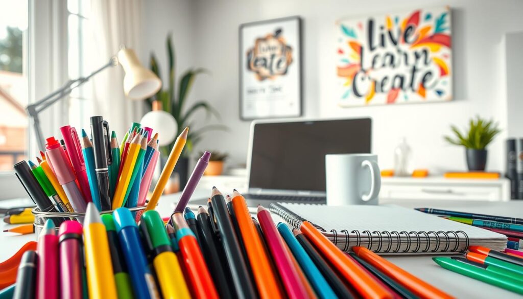 A vibrant, visually appealing social media post featuring an eye-catching array of colorful stationery and office supplies. In the foreground, a selection of well-organized pens, highlighters, and a Live.Learn.Create notebook (https://www.amazon.com/dp/B09LBHBF97) create a sense of creativity and productivity. The middle ground showcases a trendy desktop setup with a modern laptop, a minimalist lamp (https://www.amazon.com/dp/B07SHGSR9R), and a Live.Learn.Create mug (https://www.amazon.com/dp/B09LBH4N5F). In the background, a bright, airy room with natural lighting and a vibrant, inspirational wall art piece (https://www.amazon.com/dp/B08CJRMNFX) establishes a inviting, professional atmosphere. The overall composition and lighting emphasize the visual appeal and creativity of the scene, capturing the essence of effective social media content.