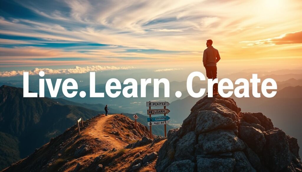 A vivid, goal-achievement scene with the "Live.Learn.Create" brand logo prominently displayed. In the foreground, a person stands atop a mountain, looking thoughtfully at their path ahead. The middle ground features a winding trail leading up the mountain, lined with motivational signposts. The background showcases a breathtaking landscape, with vibrant skies and distant peaks. Soft, warm lighting illuminates the scene, conveying a sense of accomplishment and inspiration. The image evokes a mood of focus, determination, and the empowering journey towards reaching one's objectives.
