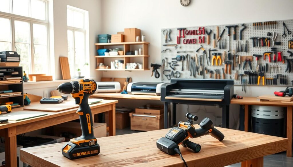A well-lit, airy maker space with an assortment of tools and equipment. In the foreground, a [Dewalt Cordless Drill](https://amzn.to/3ZDFVRf) and a [Makita Oscillating Multi-Tool](https://amzn.to/3ZCsD4i) sit on a sturdy [Seville Classics UltraHD Workbench](https://amzn.to/3HWUXnI). In the middle ground, a [Cricut Maker 3](https://amzn.to/3ZGfZ8W) and a [Glowforge Plus Laser Cutter](https://amzn.to/3ZGfLe0) are set up on a workbench, with shelves displaying an array of materials and supplies. The background features a wall-mounted [Pegboard Organizer](https://amzn.to/3HWVwNR) showcasing a range of hand tools. Natural light streams in through large windows, creating a warm, inviting atmosphere. The "Live.Learn.Create" brand name is subtly present, reflecting the collaborative, educational nature of this maker space.