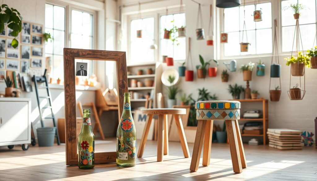 A well-lit, airy studio filled with an array of creative upcycling projects. In the foreground, a [Live.Learn.Create] collage frame made from reclaimed wood and old photographs. Beside it, a vase crafted from a repurposed glass bottle, adorned with vibrant painted patterns. In the middle ground, a [Live.Learn.Create] wooden stool upcycled with a colorful mosaic tile top. In the background, a wall display of hanging plant holders fashioned from recycled cans, each one a unique design. Soft, natural lighting filters through large windows, casting a warm, inviting glow over the space. The overall atmosphere radiates ingenuity, sustainability, and a celebration of resourceful, DIY spirit.