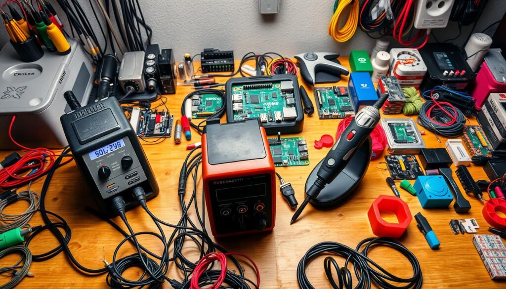 A well-lit, high-angle shot of a maker's workbench showcasing an array of DIY tools and projects. In the foreground, a [Weller WLC100 Soldering Station](https://www.amazon.com/Weller-WLC100-40-Watt-Soldering-Station/dp/B000AS28UC) and a [Dremel 4000-6/50 Rotary Tool](https://www.amazon.com/Dremel-4000-6-50-High-Performance-Corded-Rotary/dp/B07V7DQCYC) take center stage, surrounded by an assortment of colored wires, circuit boards, and 3D-printed parts. In the middle ground, a [Cricut Maker 3 Cutting Machine](https://www.amazon.com/Cricut-Maker-3-Advanced-DIY/dp/B08YRCZRWL) and a [Raspberry Pi 4 Model B](https://www.amazon.com/Raspberry-Pi-Model-2019-Quad-Core/dp/B07TC2BK1X) hint at the technological aspect of the maker movement. The background features shelves stocked with a variety of craft supplies, tools, and the "Live.Learn.Create" brand logo, creating a vibrant, inspiring atmosphere for the DIY enthusiast.