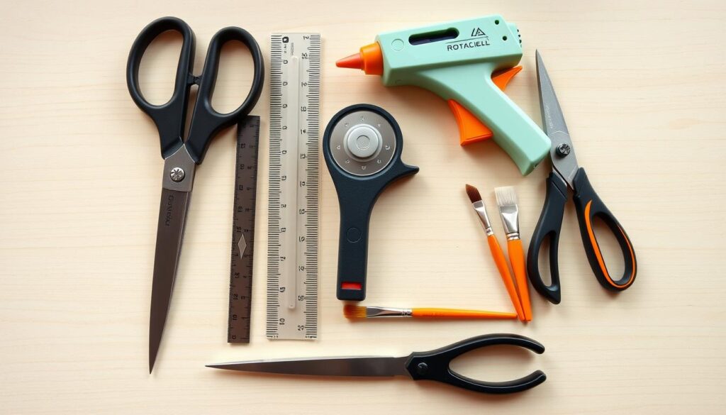 A well-lit, high-resolution image of an assortment of essential crafting tools, including a pair of [scissors](https://www.amazon.com/dp/B07QJDB1GV), a [rotary cutter](https://www.amazon.com/dp/B07SJ3ZCBT), a [glue gun](https://www.amazon.com/dp/B07TDX33QH), a [ruler](https://www.amazon.com/dp/B07XJ7JZJY), a [paintbrush set](https://www.amazon.com/dp/B09NRQZWCV), and a [craft knife](https://www.amazon.com/dp/B07QJZWXZR) arranged neatly on a wooden table. The tools are set against a plain, light-colored background, with soft, natural lighting that accentuates the textures and details of the products. The overall mood is one of creativity, organization, and professionalism, reflecting the "Live.Learn.Create" brand.