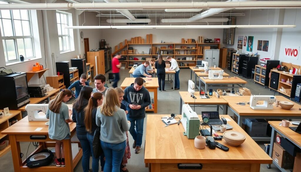 A well-lit, modern makerspace with an array of creative tools and workshops. In the foreground, a group of students gather around a [large wooden worktable](https://www.amazon.com/VIVO-Electric-Height-Adjustable-Workbench/dp/B07Q1DJJ6J/) equipped with [sewing machines](https://www.amazon.com/SINGER-Start-1304-Sewing-Machine/dp/B00094KXQI/), [3D printers](https://www.amazon.com/Creality-Ender-3-V2-Printer/dp/B07XQJXZC7/), and [laser cutters](https://www.amazon.com/Orion-Motor-Tech-Engraver-Engraving/dp/B07XKBQKC2/). In the middle ground, individuals work on [pottery wheels](https://www.amazon.com/VEVOR-Electric-Pottery-Throwing-Ceramic/dp/B07X2NFHFK/) and [woodworking tools](https://www.amazon.com/DEWALT-DW735X-13-Inch-Two-Speed-Thickness/dp/B00062YVXK/). The background features a [large display board](https://www.amazon.com/Corkboard-Bulletin-Pinboard-Whiteboard-Combination/dp/B08RVJB3GR/) with sketches, plans, and the Live.Learn.Create logo.