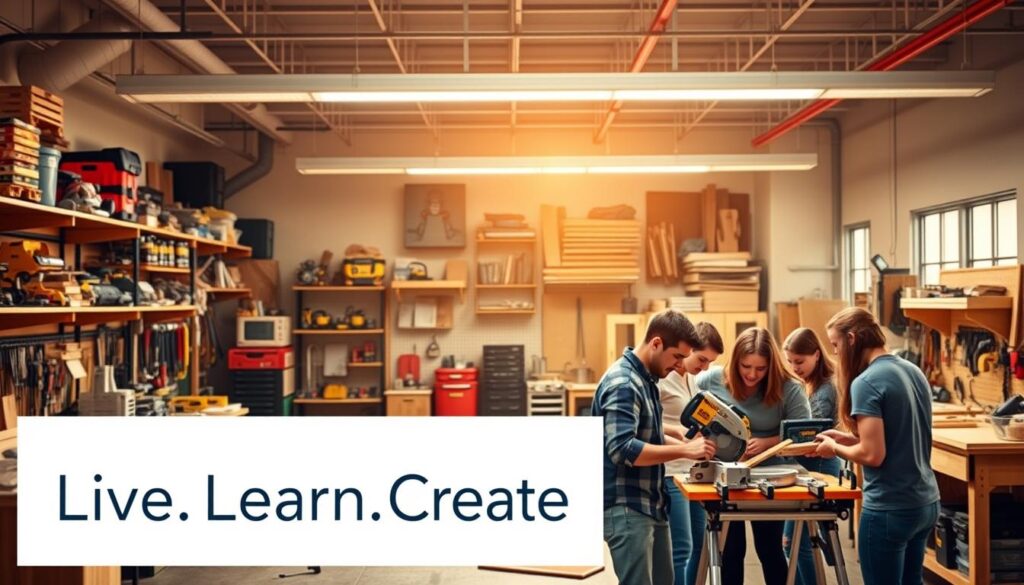 A well-lit, spacious maker space with a variety of equipment and tools. Shelves filled with [EVTSN 120-Piece Craft and DIY Tool Set](https://www.amazon.com/dp/B08L33QLKX) and [Qtools 80-Piece Tool Set](https://www.amazon.com/dp/B09KK8T5J1) in the background. In the foreground, a group of people collaborating on a project using [Dewalt DW715 12-Inch Compound Miter Saw](https://www.amazon.com/dp/B0009T1YK4) and [Worx WX051 Clamping Workstation](https://www.amazon.com/dp/B077Y5LQTJ). Warm, natural lighting creates an inviting atmosphere. The "Live.Learn.Create" logo is displayed prominently, reflecting the collaborative and educational nature of the maker space.