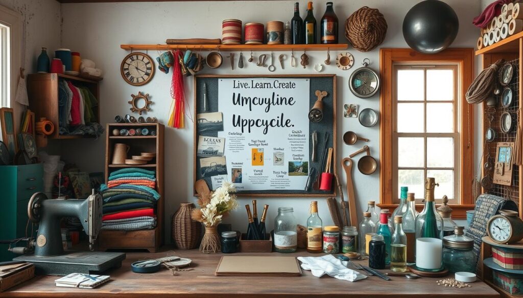 A well-lit studio featuring an assortment of upcycling tools and materials - a vintage sewing machine [https://amzn.to/3L1nZ9l], an array of colorful fabrics and threads [https://amzn.to/3Yh6tUo], a selection of decorative trim and embellishments [https://amzn.to/3J8lIjD], and a variety of repurposed objects like bottles, jars, and hardware [https://amzn.to/3Yfj0F1]. The central focus is a Live.Learn.Create-branded inspiration board displaying various upcycling techniques and finished projects. The overall mood is one of creativity, resourcefulness, and a touch of rustic charm.