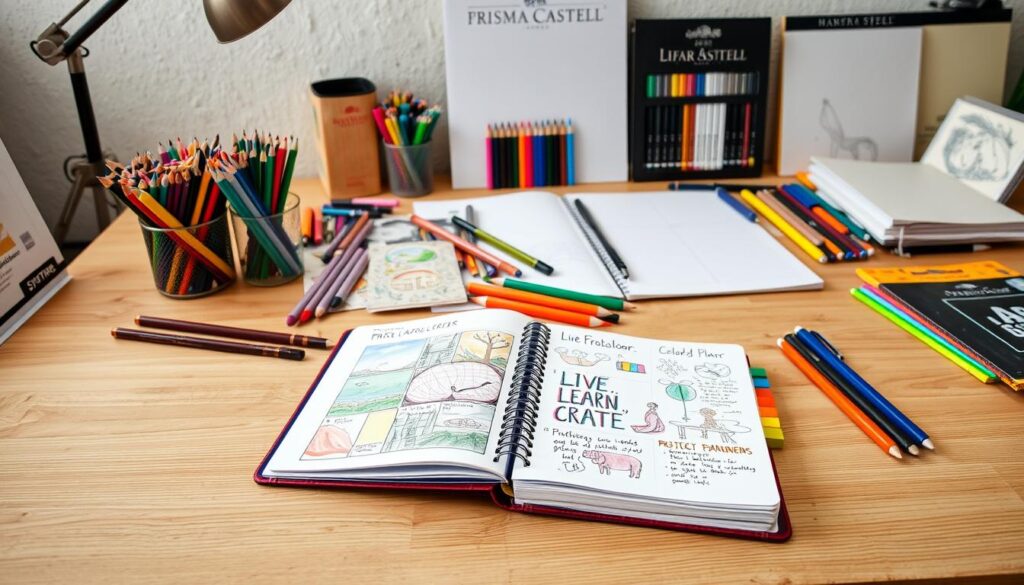 A well-lit studio space with an assortment of creative tools and materials scattered across a clean, wooden work surface. In the foreground, a Live.Learn.Create [https://www.amazon.com/Live-Learn-Create-Productivity-Planner/dp/B09QHXTLX9] project planner lies open, showcasing vibrant sketches and handwritten notes. Behind it, an array of art supplies such as a set of [https://www.amazon.com/Prismacolor-Premier-Colored-Pencils-48-Count/dp/B00006RPDG] Prismacolor colored pencils, a [https://www.amazon.com/Faber-Castell-PITT-Artist-Pen-Set/dp/B00006IFHD] Faber-Castell PITT artist pen set, and a [https://www.amazon.com/Strathmore-400-Series-Drawing-Pad/dp/B000BMT3V4] Strathmore drawing pad. In the middle ground, a laptop and a cup of coffee suggest a balance between digital and analog creativity. The background features a large window, allowing natural light to flood the space and create a warm, inspirational atmosphere.