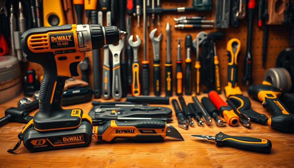 A well-organized collection of essential DIY tools arranged on a wooden workbench, bathed in warm, soft lighting that highlights their functional beauty. In the foreground, a sturdy [Dewalt 20V MAX Cordless Drill](https://www.amazon.com/DEWALT-20V-MAX-Cordless-Drill/dp/B00C3HZUFK) and a [Stanley FatMax Retractable Utility Knife](https://www.amazon.com/Stanley-10-499-FatMax-Retractable-Utility/dp/B0006NAPB4) sit side-by-side. In the middle ground, an assortment of precision hand tools, such as a [Tekton Adjustable Wrench Set](https://www.amazon.com/TEKTON-Adjustable-Wrench-Set-6-Inch/dp/B00AEUYHFW) and a [Klein Tools 11-in-1 Screwdriver](https://www.amazon.com/Klein-Tools-32500-Screwdriver-Multibit/dp/B00080DKWC), are neatly organized. The background features the "Live.Learn.Create" branding, conveying a sense of creative inspiration and DIY empowerment.