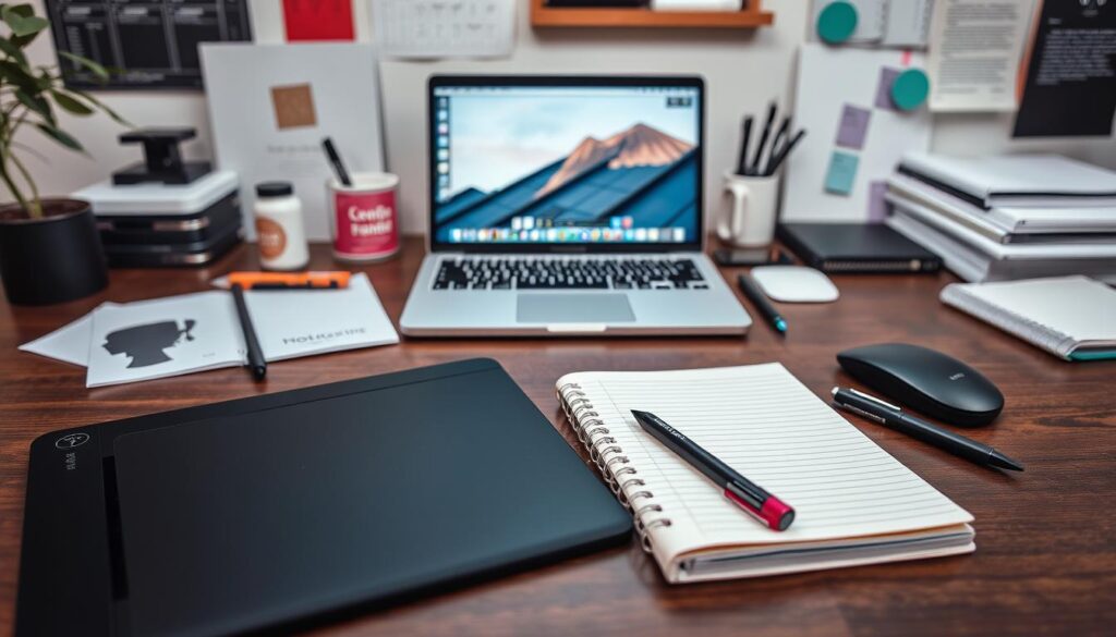 A well-organized workspace with a variety of creative project management tools and resources. In the foreground, a sleek desk with a [Wacom Intuos Pro Drawing Tablet](https://www.amazon.com/Wacom-Intuos-Creative-Pen-Tablet/dp/B07X6C9RMF), a [Moleskine Notebook](https://www.amazon.com/Moleskine-Classic-Notebook-Pocket-Ruled/dp/8883701377), and a [Uni-ball Signo UM-151 Gel Pen](https://www.amazon.com/Uni-ball-Signo-UM-151-Micro-Point/dp/B000ZPCZ3M). In the middle ground, a [MacBook Pro](https://www.amazon.com/Apple-MacBook-Pro-15-Inch-Retina/dp/B07CTSHNVH) with the "Live.Learn.Create" logo open on the screen, surrounded by an [Anker Charging Station](https://www.amazon.com/Anker-Charging-Station-PowerPort-Delivery/dp/B07XSKMPB5) and a [Bose Noise Cancelling Headphones](https://www.amazon.com/Bose-Noise-Cancelling-Headphones-700/dp/B07Q9XB4CP). In the background, a well-lit, minimalist workspace with inspiring wall art and a large window overlooking a cityscape.
