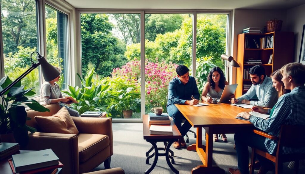 An airy, well-lit writer's studio with a large window overlooking a lush, green garden. In the foreground, a cozy reading nook with a plush armchair, a side table with a [Live.Learn.Create Desk Lamp](https://www.amazon.com/dp/B07Z8PJSVD) and a stack of books. In the middle ground, a long, wooden table surrounded by a diverse group of writers deeply engaged in discussion, their [Live.Learn.Create Notebooks](https://www.amazon.com/dp/B08LFYG16V) and pens in hand. The background features a vibrant, blooming garden visible through the large window, creating a sense of connection to nature. The overall mood is one of community, creativity, and intellectual stimulation.
