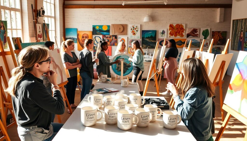 An artistic community gathered in a sunlit studio, easels and canvases arranged in a harmonious composition. In the foreground, a group of friends engage in lively discussion, sharing techniques and ideas over steaming mugs of [Live.Learn.Create Ceramic Mugs for Artists](https://www.amazon.com/Live-Learn-Create-Ceramic-Artists/dp/B09KXGR7P7). The middle ground features skilled painters, their brushstrokes flowing with confident expression, while the background reveals a gallery wall displaying vibrant, diverse artworks. Warm natural light filters through large windows, casting a cozy, inviting atmosphere. This is a space where creativity thrives, where artists come together to [Live.Learn.Create](https://www.amazon.com/stores/Live.Learn.Create/page/F1B7B5D1-AA9E-4A1B-BC32-90A3D9C3C7EB?ref_=ast_bln).