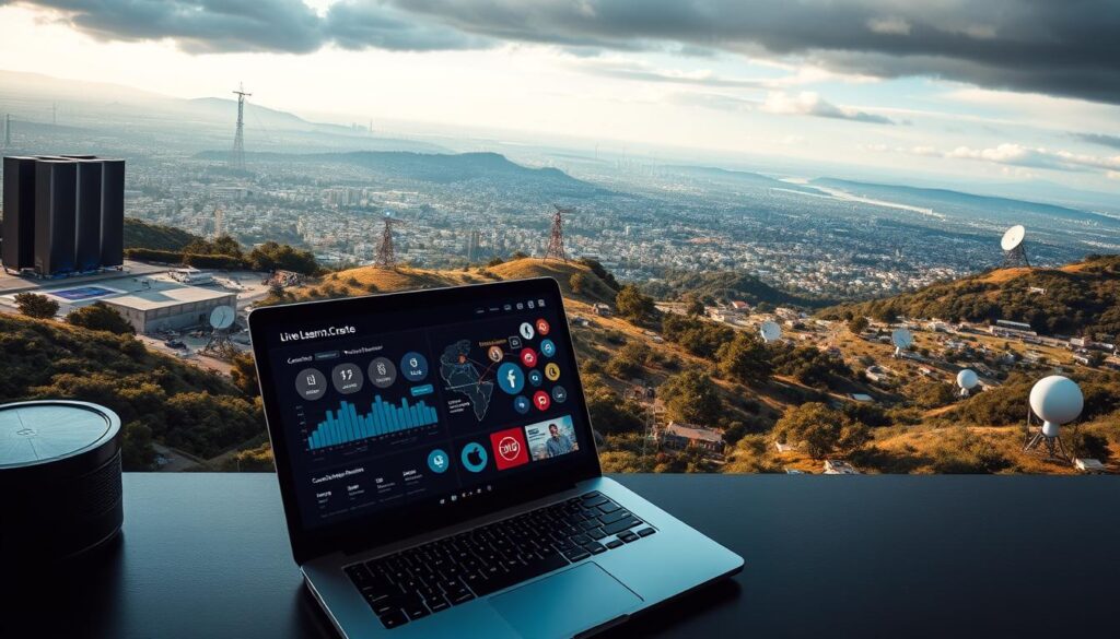 An expansive vista showcasing a diverse array of content distribution channels, captured with a wide-angle lens and dramatic lighting. In the foreground, a sleek, modern [Live.Learn.Create] laptop displays a visual dashboard, highlighting key metrics and analytics. The middle ground features a tapestry of interconnected icons, representing social media platforms, streaming services, and digital marketplaces. In the background, a panoramic landscape unfolds, dotted with towering servers and satellite dishes, symbolizing the global reach of content distribution. The scene conveys a sense of dynamism, technological innovation, and the vast potential of crafting a winning content strategy.