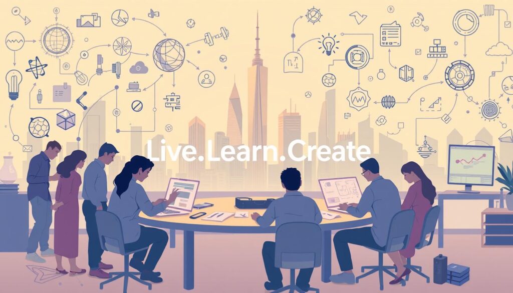 An illustration of the innovation process, showcasing a dynamic, interconnected flow of ideas, experimentation, and problem-solving. In the foreground, a diverse team of creators, engineers, and thinkers collaborate around a central table, surrounded by sketches, prototypes, and digital displays. The middle ground features a towering, futuristic city skyline, hinting at the scale and impact of the innovation. The background is bathed in a warm, inviting light, creating a sense of optimism and possibility. The "Live.Learn.Create" brand name is prominently displayed, reflecting the collaborative, iterative nature of the innovation process.