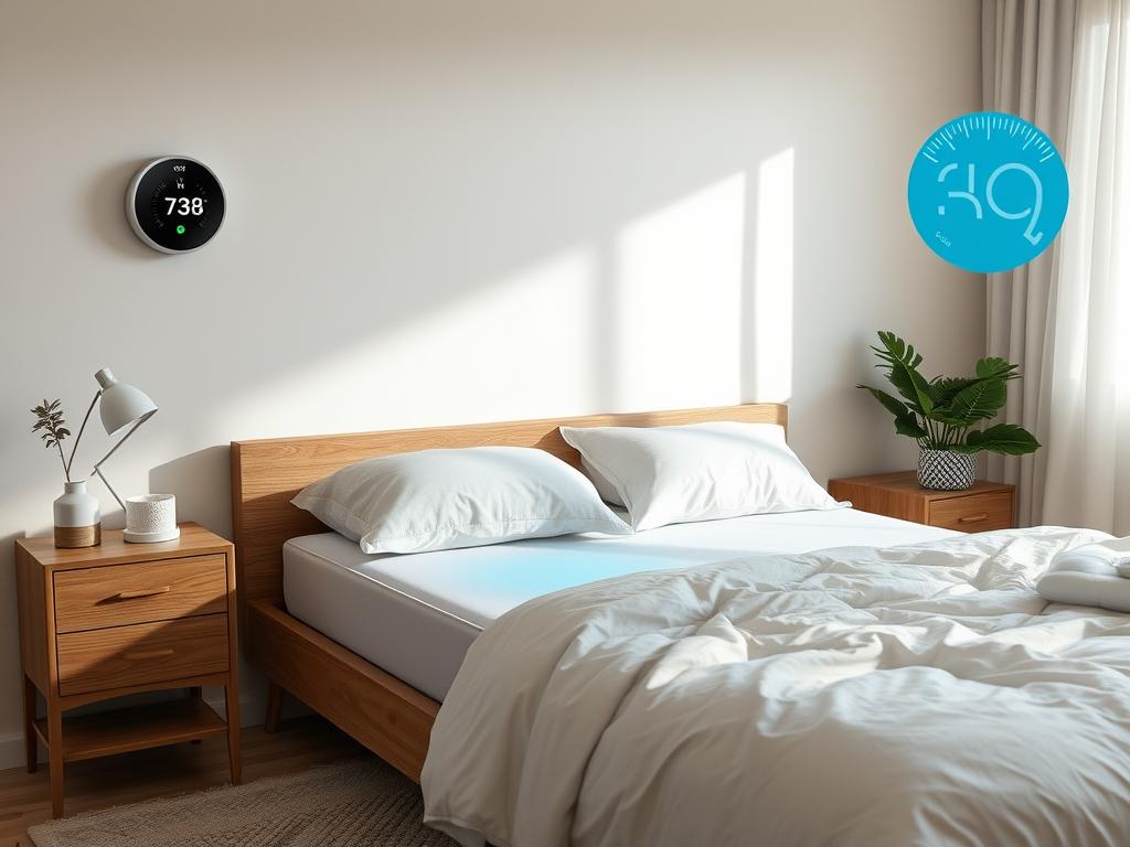 Bedroom with cooling system and temperature regulation for optimal sleep