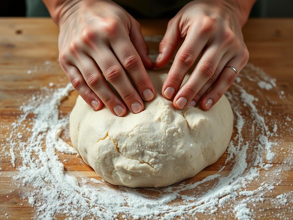Close-up of hands kneading bread dough, showing the therapeutic tactile experience of cooking