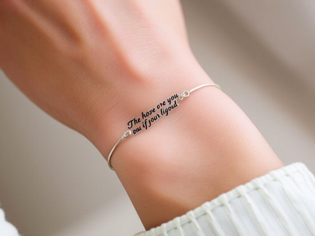Close-up of inspirational jewelry bracelet with engraved message