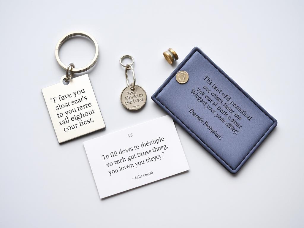 Collection of inspirational items including a keychain, wallet card, and pocket token