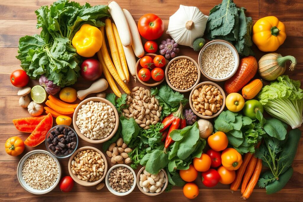 Colorful array of whole foods including vegetables, fruits, whole grains, and legumes Colorful array of whole foods including vegetables, fruits, whole grains, and legumes