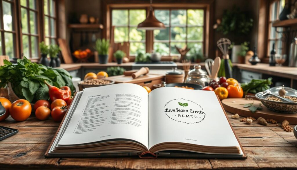 Cookbook inspiration for mindful nutrition: a rustic kitchen scene with a wooden table, natural light filtering through large windows, and an array of fresh, organic ingredients - fruits, vegetables, grains, herbs, and superfoods. In the foreground, a hand-written recipe book emblazoned with the logo &amp;amp;amp;amp;quot;Live.Learn.Create&amp;amp;amp;amp;quot; lies open, inviting the viewer to discover nourishing meal ideas. The middle ground features a mix of cooking utensils, cutting boards, and culinary tools, suggesting a space of thoughtful meal preparation. The background depicts lush greenery, hinting at a connection to nature and the origins of the ingredients. The overall mood is one of simplicity, warmth, and a mindful approach to healthful living.