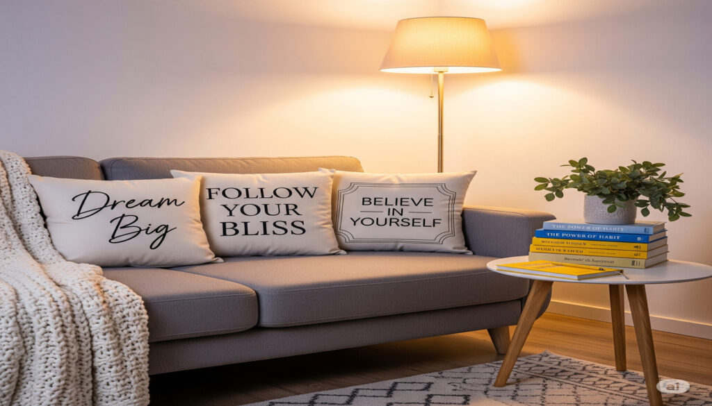 Cozy living room corner with motivational throw pillows on a sofa.