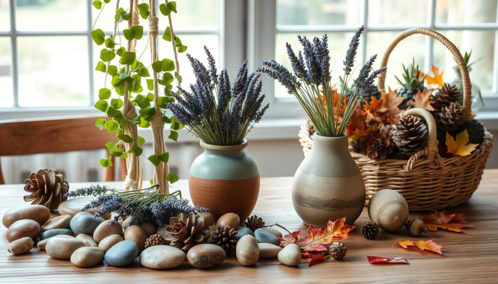 Crafting with natural materials: A serene scene of a wooden table adorned with an assortment of earthy elements. In the foreground, a [Live.Learn.Create](https://www.amazon.com/s?k=live+learn+create) macrame hanger suspends a lush houseplant, its leaves cascading gracefully. Surrounded by a collection of smooth river stones, a handcrafted ceramic vase holds a bundle of dried lavender, its calming fragrance permeating the air. In the middle ground, a woven basket overflows with foraged pinecones, acorns, and autumn leaves, exuding a natural warmth. The background features a large window, allowing the soft, diffused natural light to bathe the scene in a serene, inviting glow. The overall atmosphere evokes a sense of harmony, simplicity, and a connection with the beauty of the natural world.