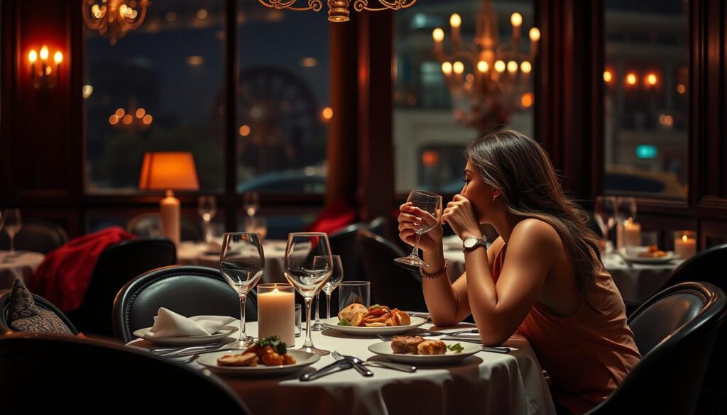 Create an image of a couple enjoying a romantic dinner at a luxurious restaurant
