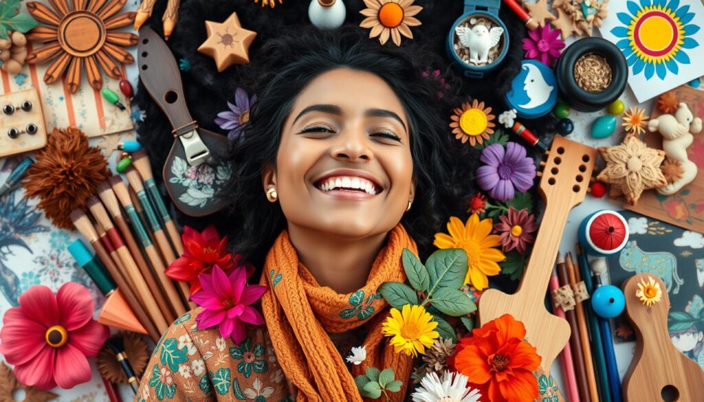 Create an image representing a person engaging in their passion, surrounded by elements that symbolize creativity and fulfillment.