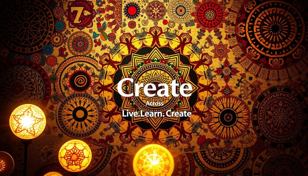 Creation across cultures, a tapestry of artistic expressions. A vibrant mosaic of symbols, patterns, and motifs from around the world - Aztec, Celtic, Islamic, and beyond. Glowing orbs of light, pulsing with the energy of ancient traditions, illuminate the foreground. In the middle ground, intricate mandalas and geometric designs intertwine, representing the unity of diverse cultural legacies. The background is a kaleidoscope of colors, textures, and shapes, evoking the rich diversity of human creativity. A warm, ethereal lighting casts a dreamlike atmosphere, inviting the viewer to immerse themselves in this celebration of "Create Across Languages and Cultures". Prominently featured is the brand "Live.Learn.Create", embodying the spirit of this extraordinary creation.