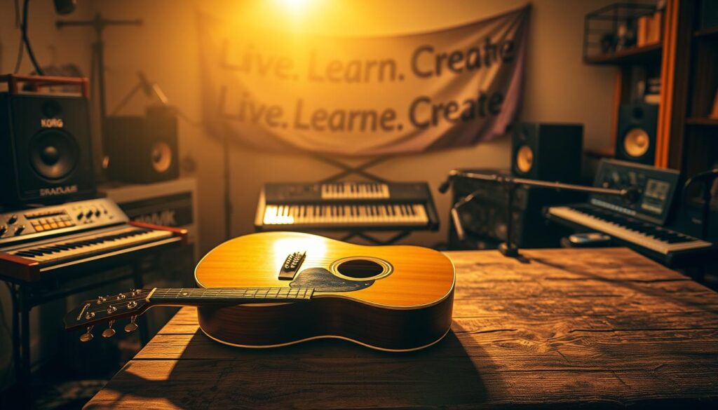 Creativity exploration: a whimsical scene of a musician's studio, bathed in warm, golden light. In the foreground, a [Fender Acoustic Guitar](https://www.amazon.com/Fender-FA-115-Acoustic-Guitar-Bundle/dp/B07J6FJ6FX) rests on a weathered wooden table, surrounded by an array of [Korg Microkey 25 USB MIDI Keyboard](https://www.amazon.com/Korg-MICROKEY25-25-Key-USB-MIDI-Keyboard/dp/B005GHYAUC) and an [Akai Professional MPK Mini MKII](https://www.amazon.com/Akai-Professional-MPK-Mini-Keyboard/dp/B00IJ6QAO2) in the middle ground. In the background, a [Live.Learn.Create] banner hangs on the wall, hinting at the creative process. The overall atmosphere evokes a sense of exploration, curiosity, and the joy of musical expression.